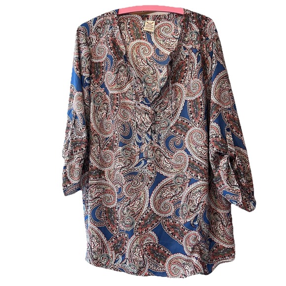 Faded Glory Boho Paisley Peasant Top Blouse Womens Size 1X 16W Semi Sheer Blue - Picture 1 of 8